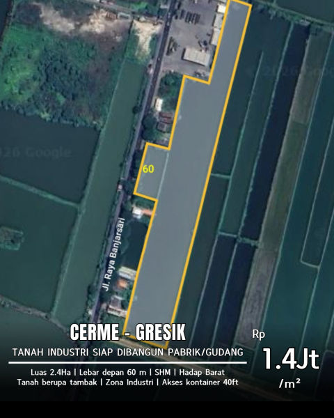 Dijual Tanah Industri Jalan Raya Banjarsari, Cerme Gresik